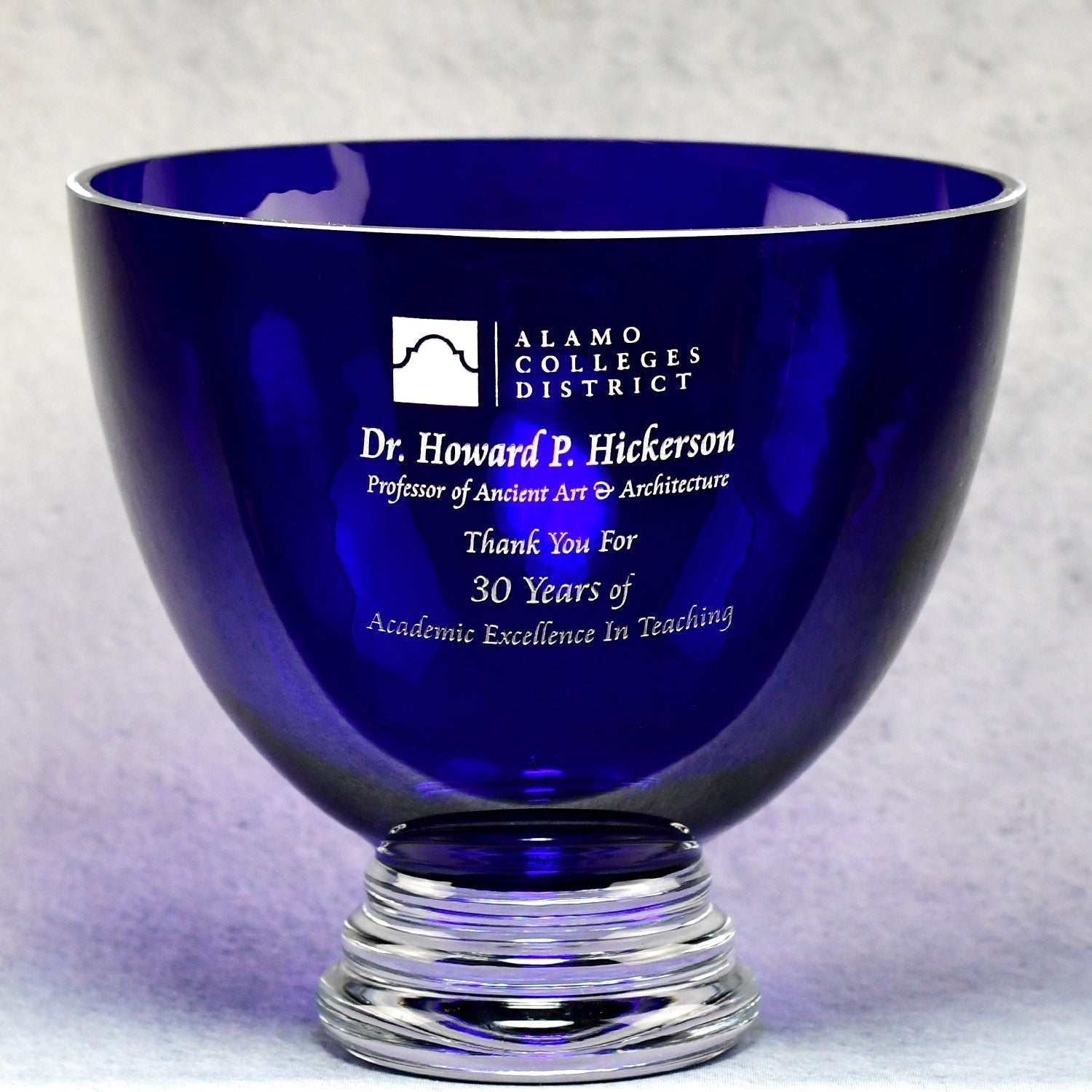 A cobalt crystal award bowl.