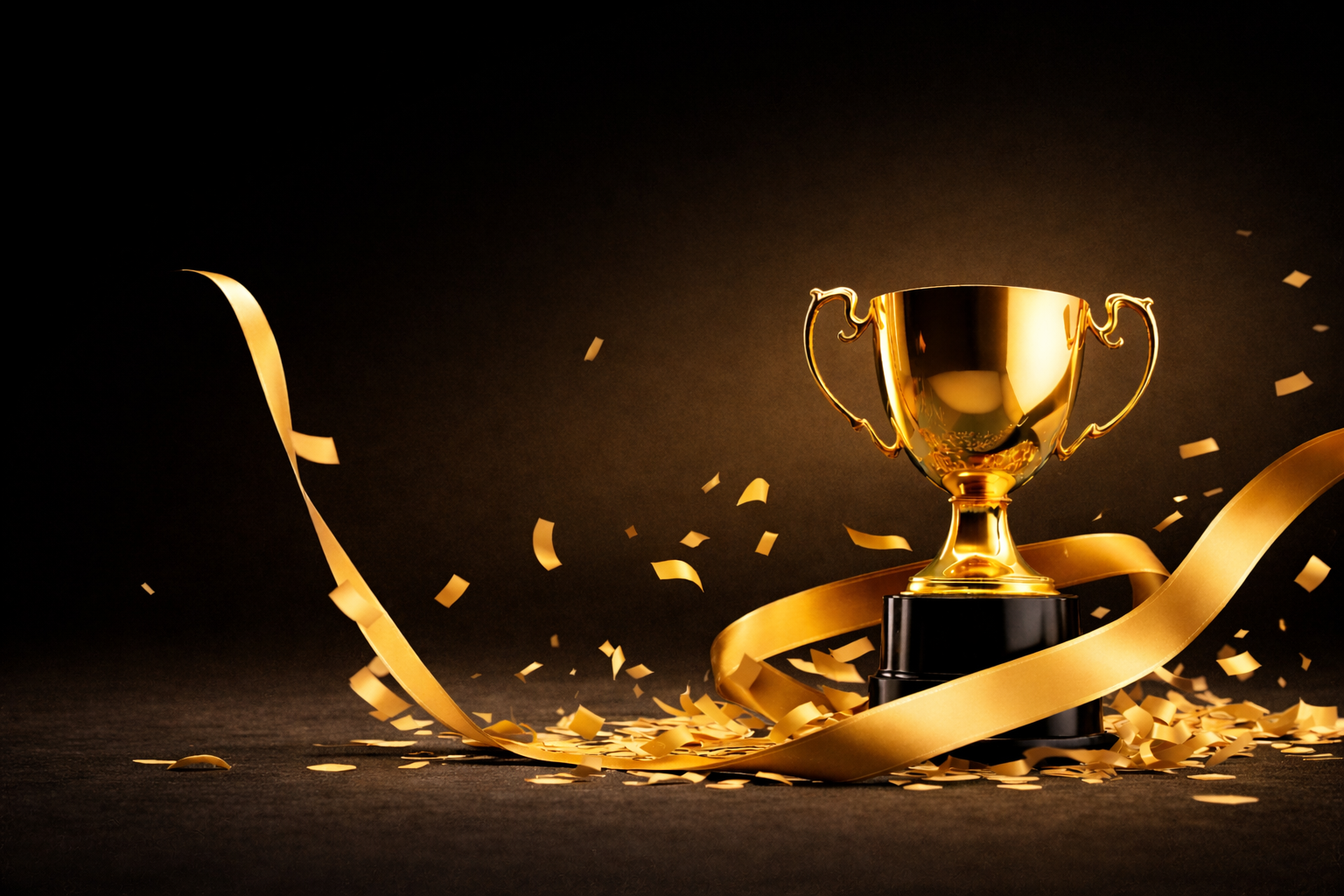 Gold trophy with a gold ribbon on a dark background