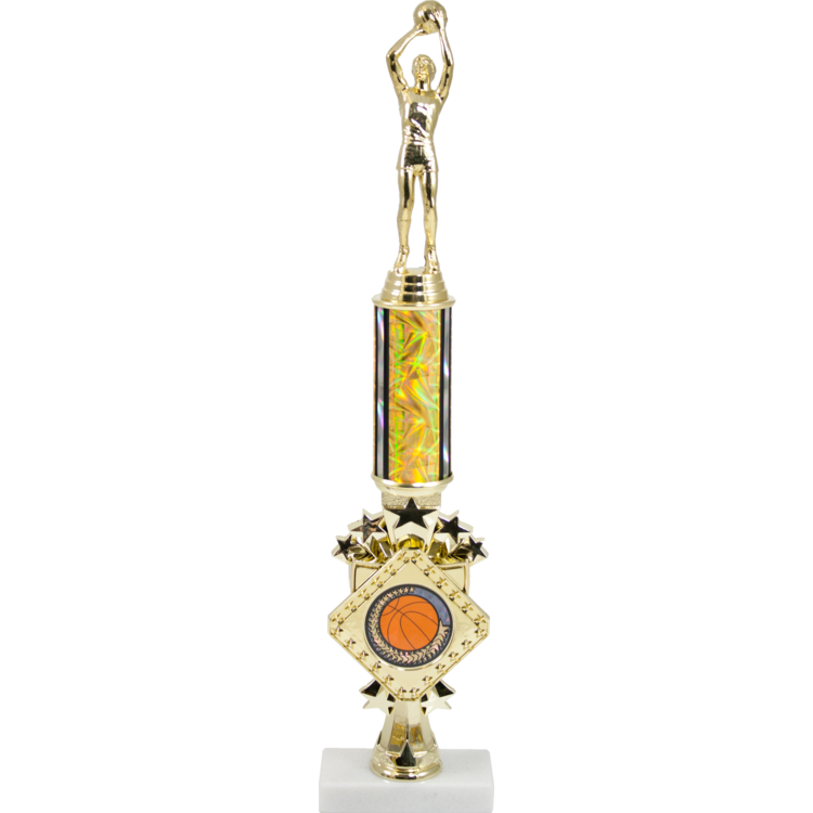A basketball trophy on a marble base.
